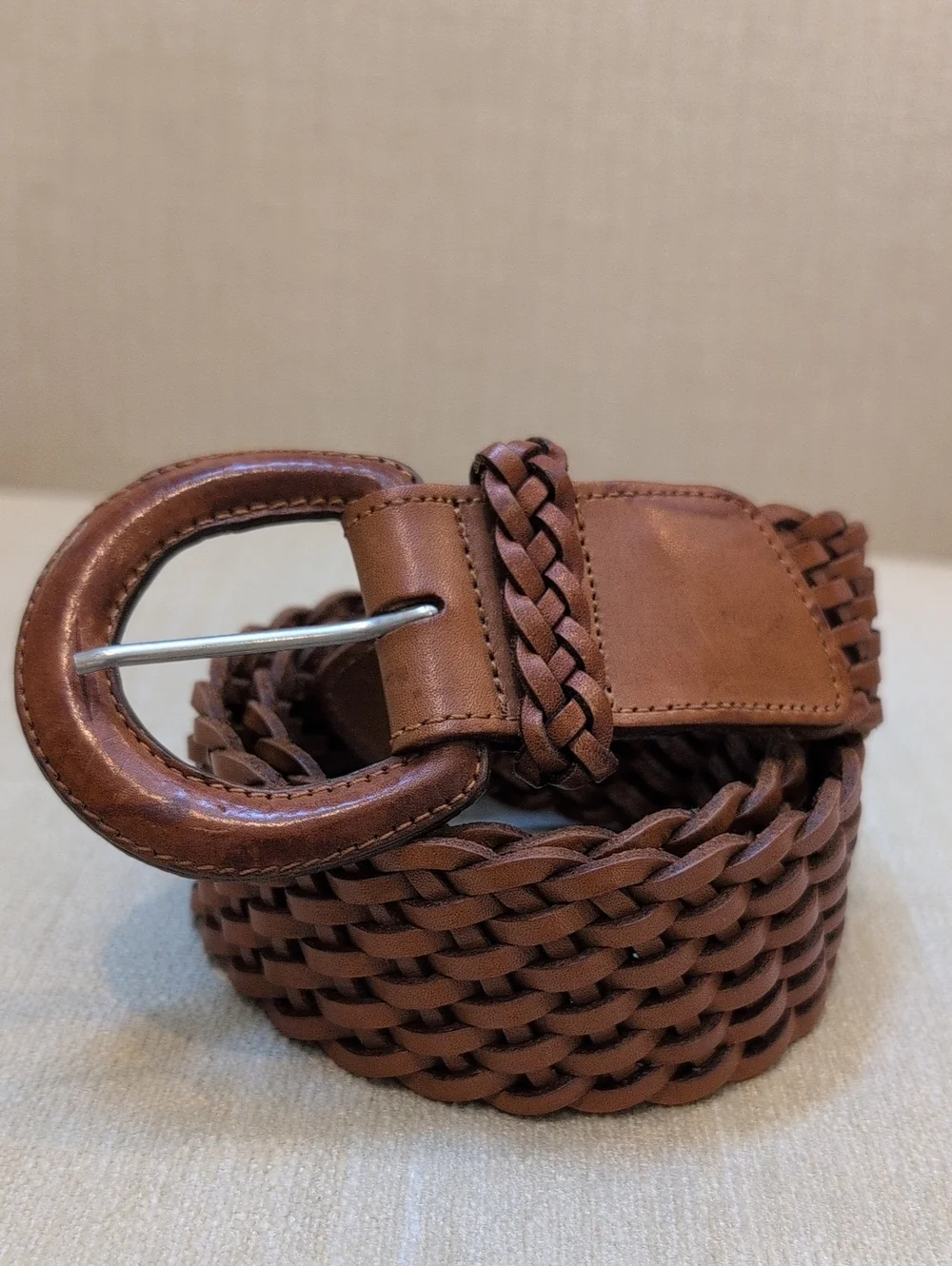 Eddie Bauer Brown Leather Woven Belt Size M Classic Casual Style Made in USA